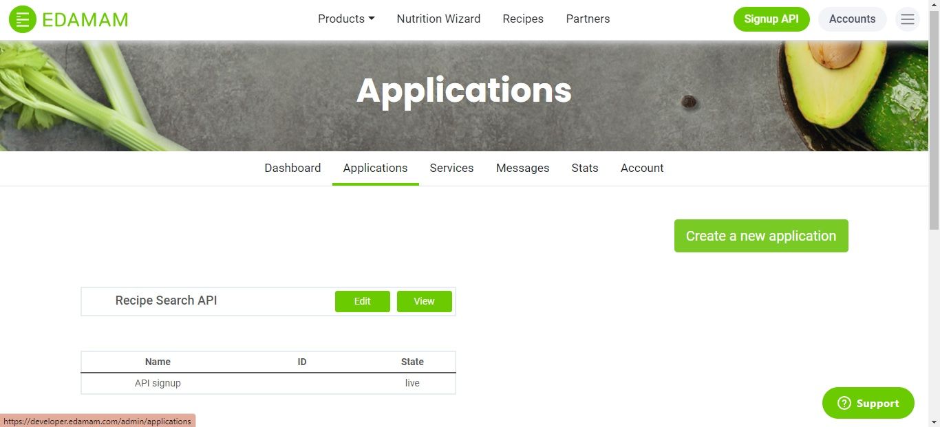 Вкладка приложений в панели Edamam
