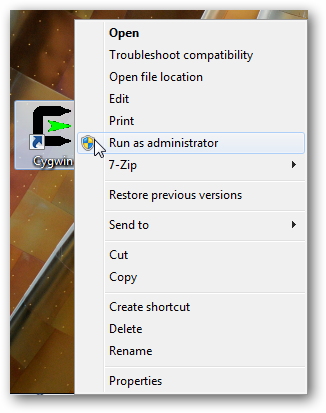 Запуск Cygwin от имени администратора