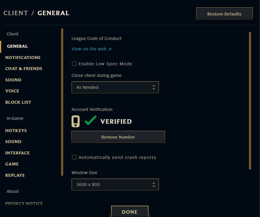 Значок шестерёнки в окне League of Legends — переход в настройки