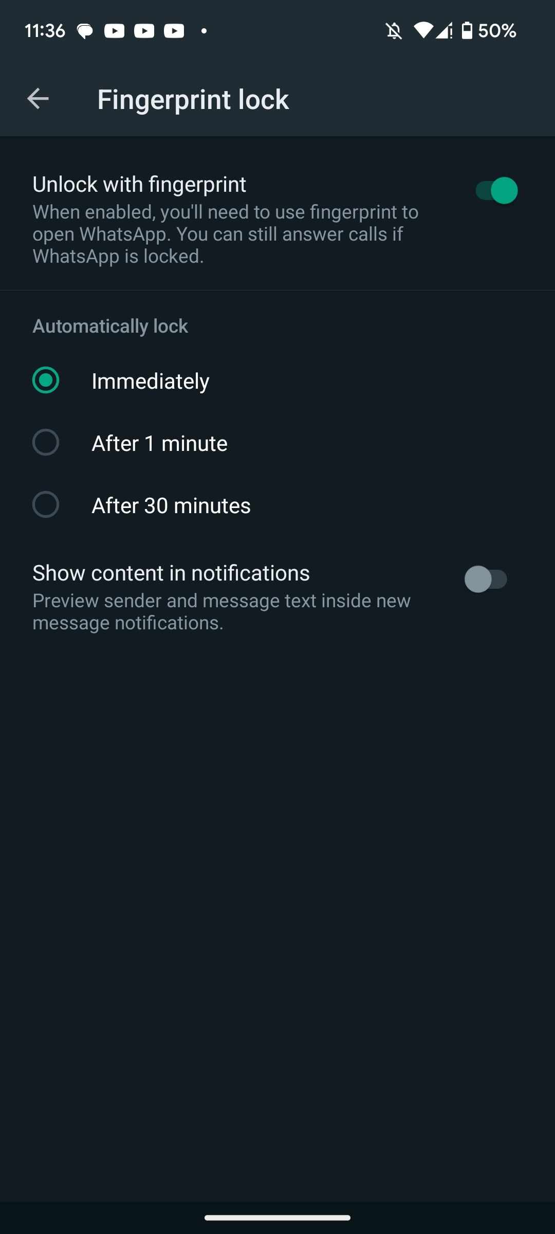 Включена разблокировка отпечатком пальца в WhatsApp на Android
