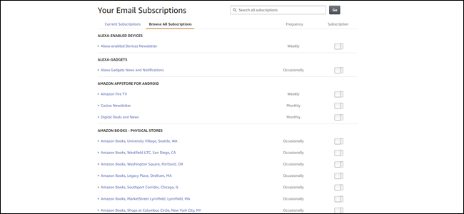 Вкладка 'Browse All Subscriptions' со всей библиотекой подписок