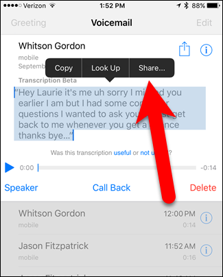 Выделение текста транскрипта и вызов меню «Share»