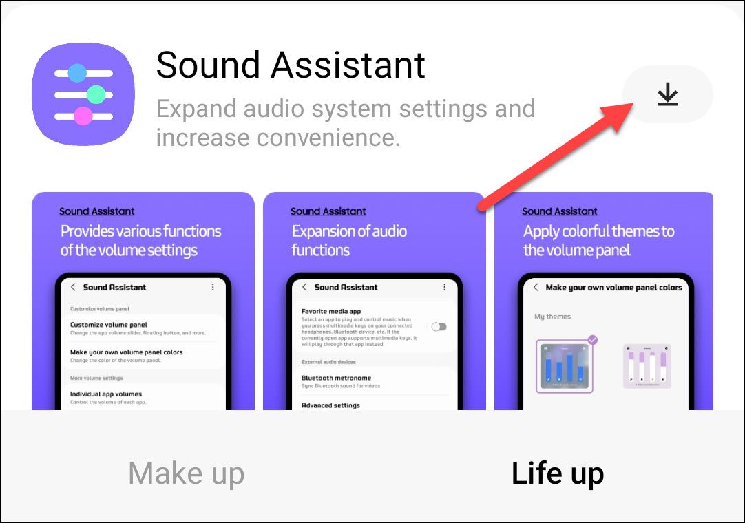 Нажмите значок загрузки Sound Assistant в Galaxy Store.