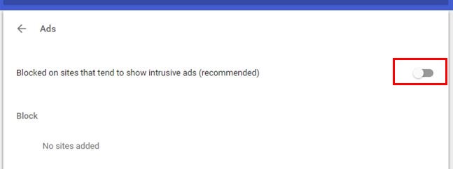 Интерфейс Chrome для управления разрешениями рекламы на конкретном сайте
