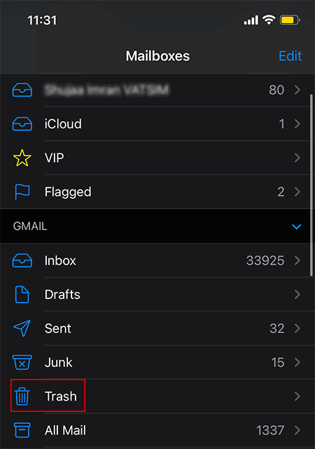 Папка Корзина с письмами от заблокированных отправителей