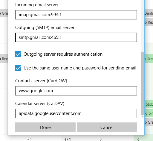 Параметры подключения к серверу календаря