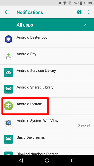 Настройки уведомлений для Android System