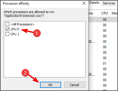 Настройка соответствия — только CPU 0