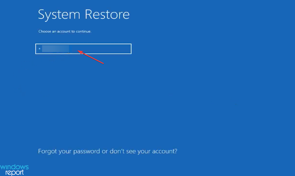 Выбор учётной записи для Восстановления системы