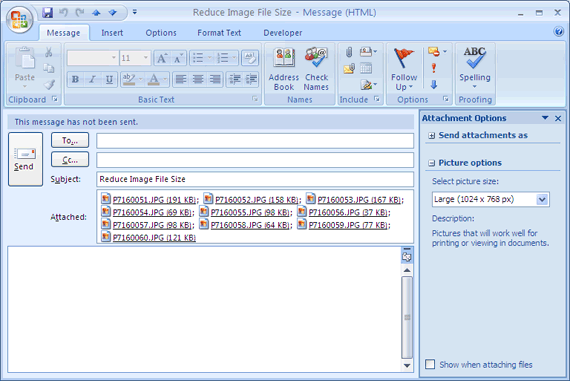 Пример итогового размера вложений в Outlook после уменьшения