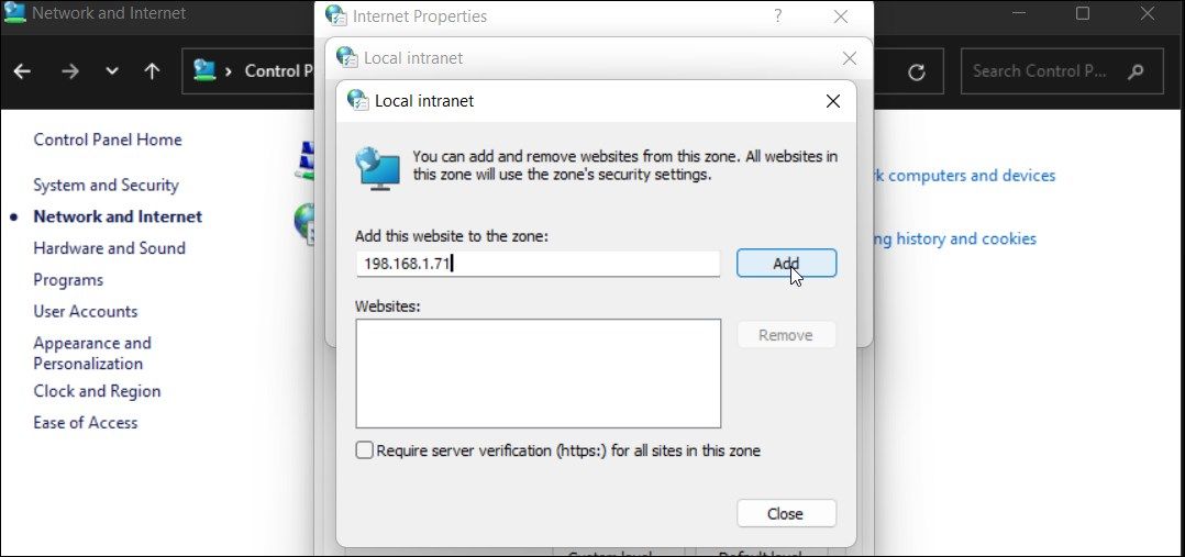 Диалог локальной интрасети в Windows 11
