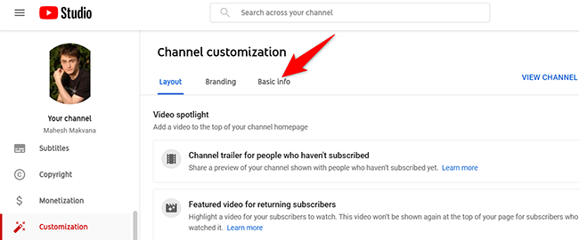 Откройте вкладку «Основные сведения» в YouTube Studio.