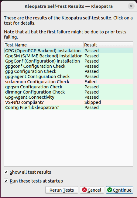 Окно самопроверки Kleopatra