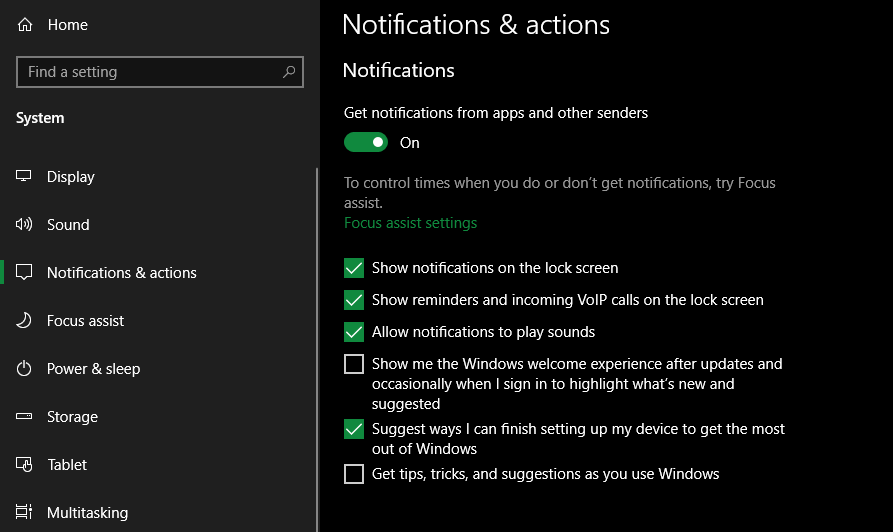 Параметры уведомлений Windows 10