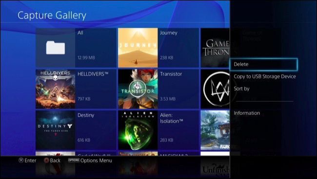 Меню тем PS4 с опцией удаления