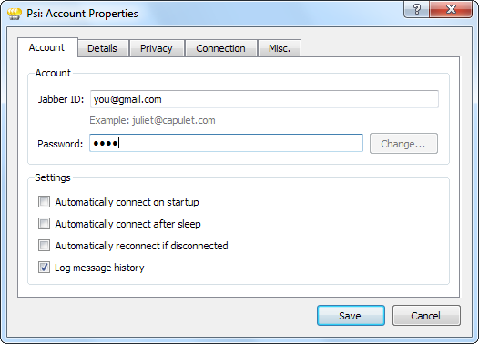 Окно: вход в Psi под аккаунтом Gmail, поле для пароля и адреса.