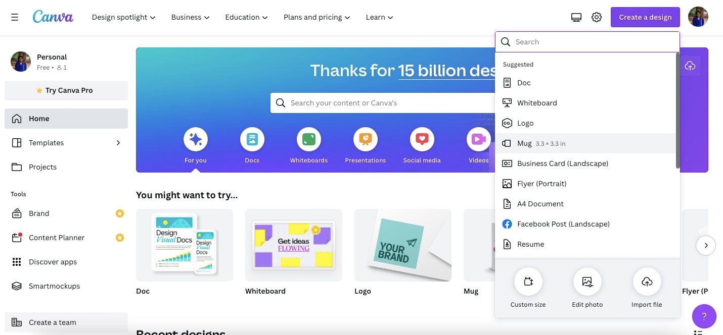 Выбор шаблона 'Кружка' в меню Создать дизайн