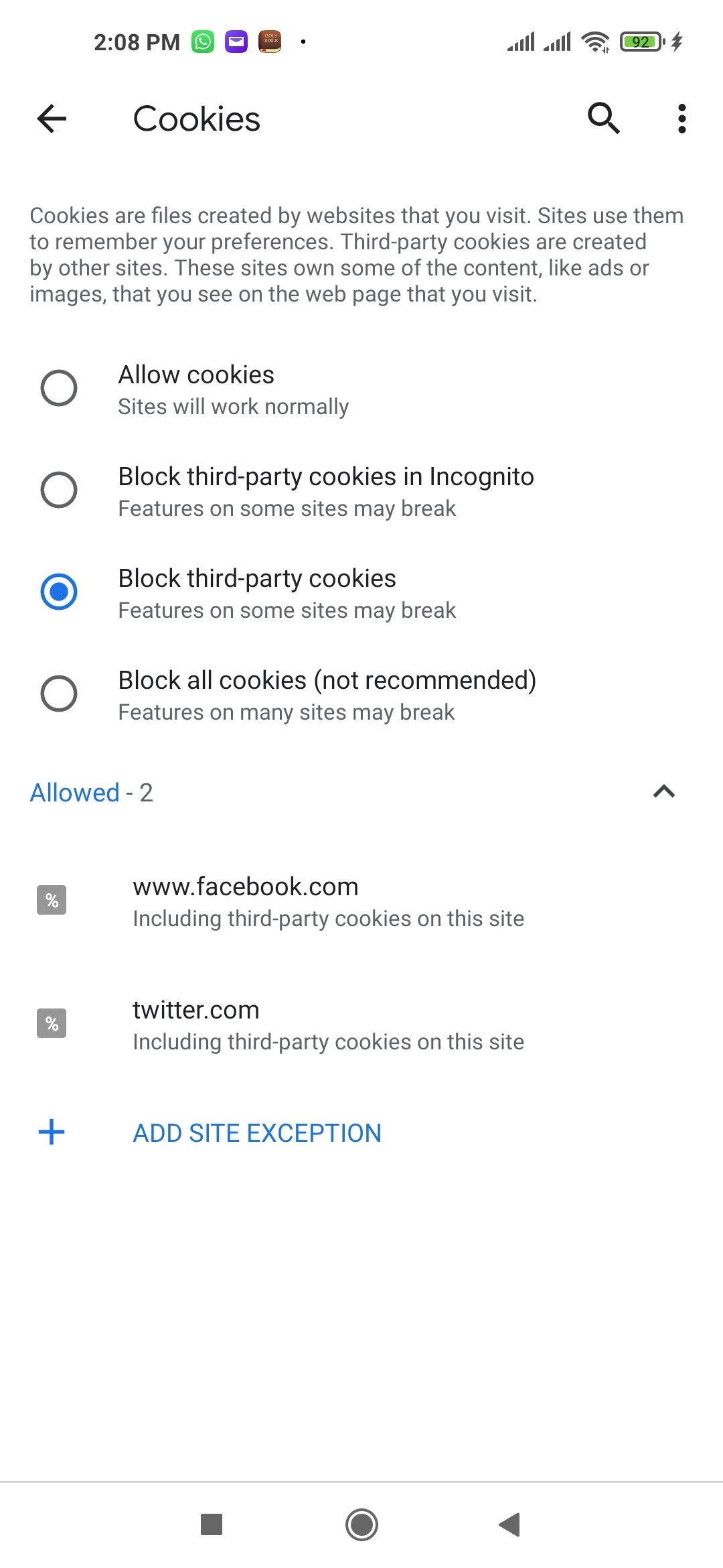 Отключение cookie в Chrome на Android