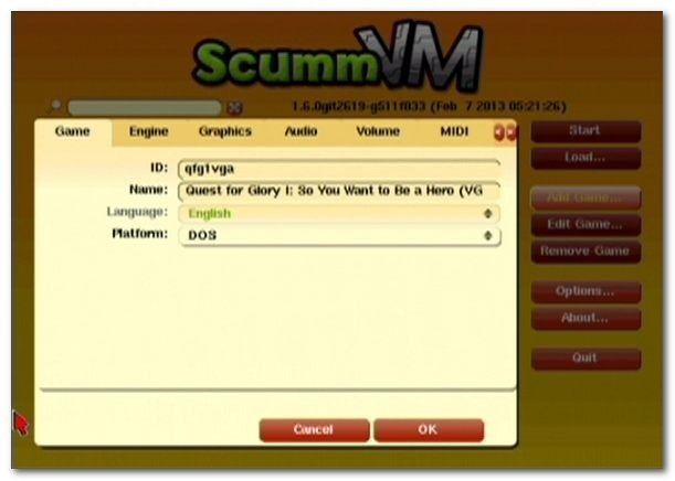 Конфигурация игры в ScummVM с автозаполненным ID и названием