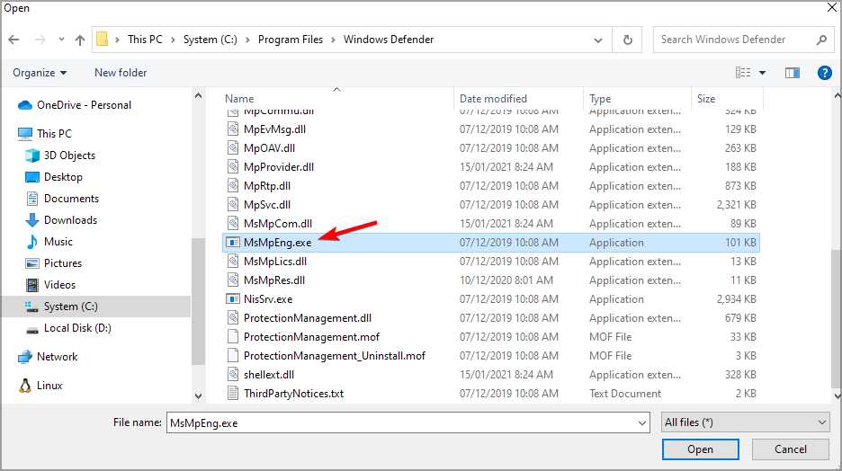 Скриншот проводника с файлом MsMpEng.exe в каталоге Windows Defender