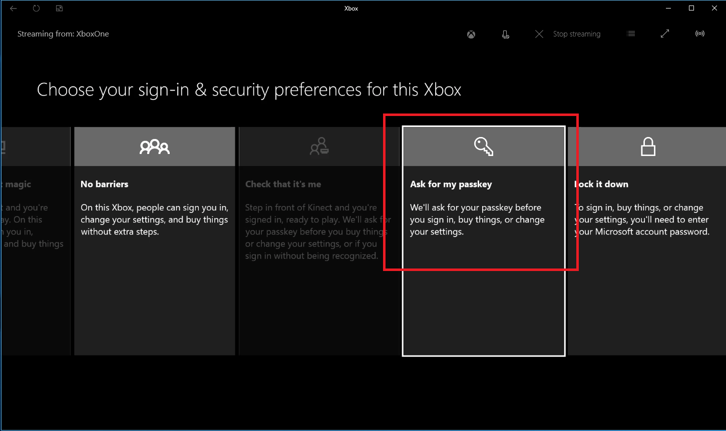 Выбор параметров входа: требовать паскод