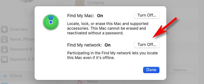 На Mac нажмите «Отключить» рядом с опцией «Find My Network»