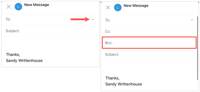 Поле BCC в мобильном приложении Outlook на мобильном устройстве