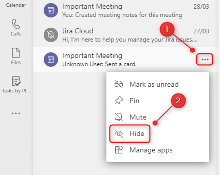 Пункт меню «Скрыть» в Teams