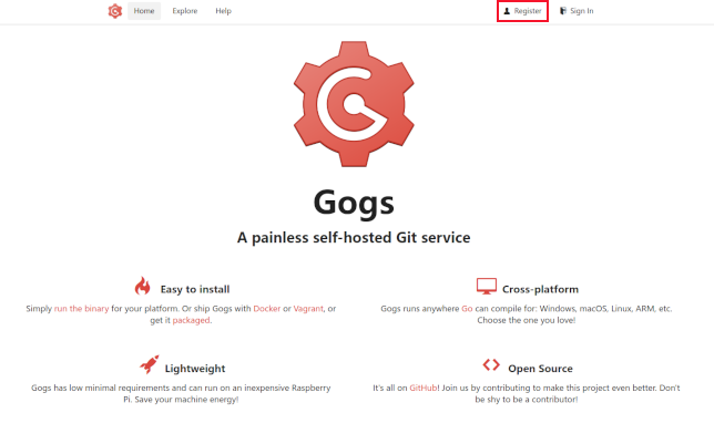 Главная страница Gogs после установки