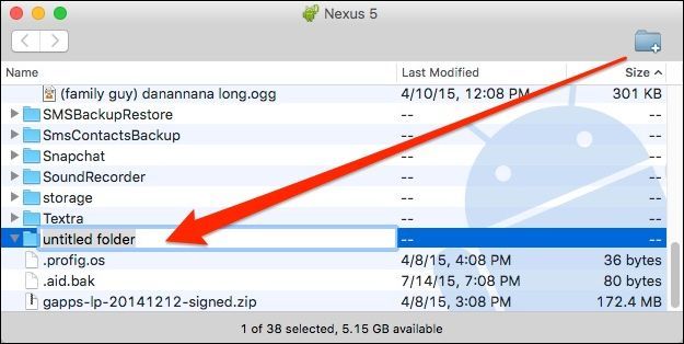 Создание новой папки в Android File Transfer