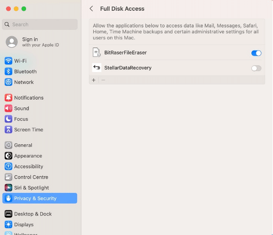 Preferenze di sistema: Accesso al disco completo per BitRaser