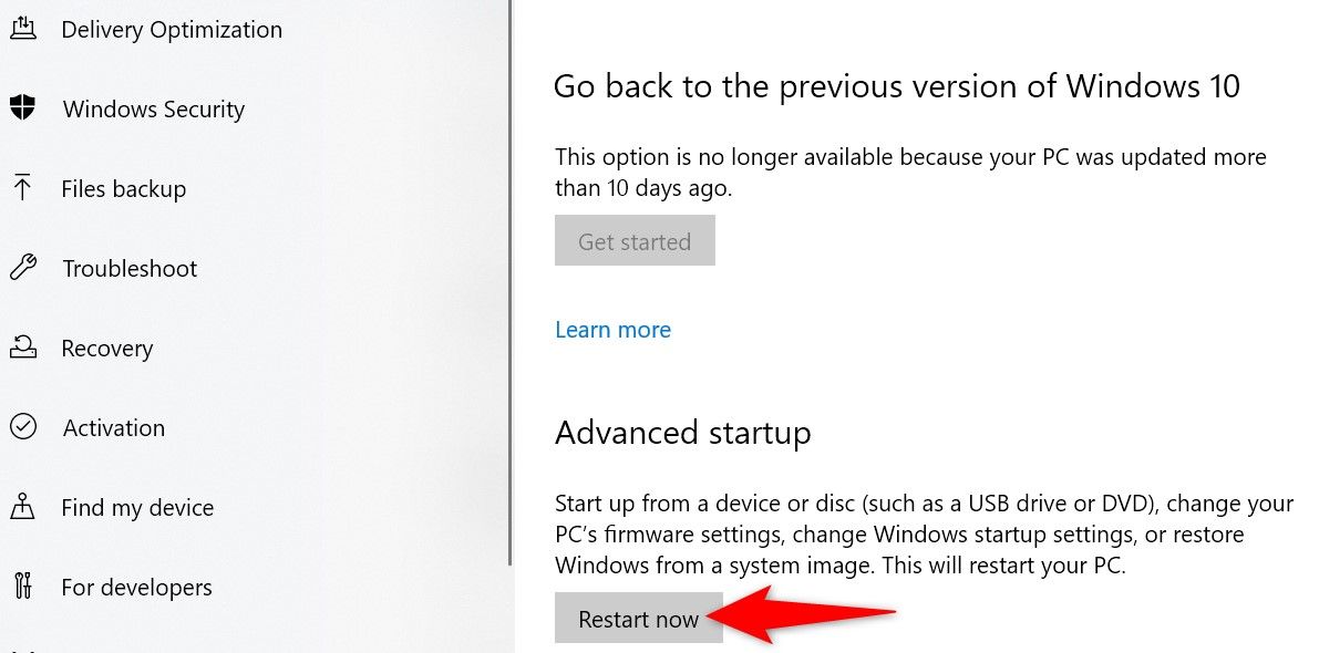 'Кнопка «Начать» для раздела «Дополнительный запуск» в Параметрах Windows 10.'