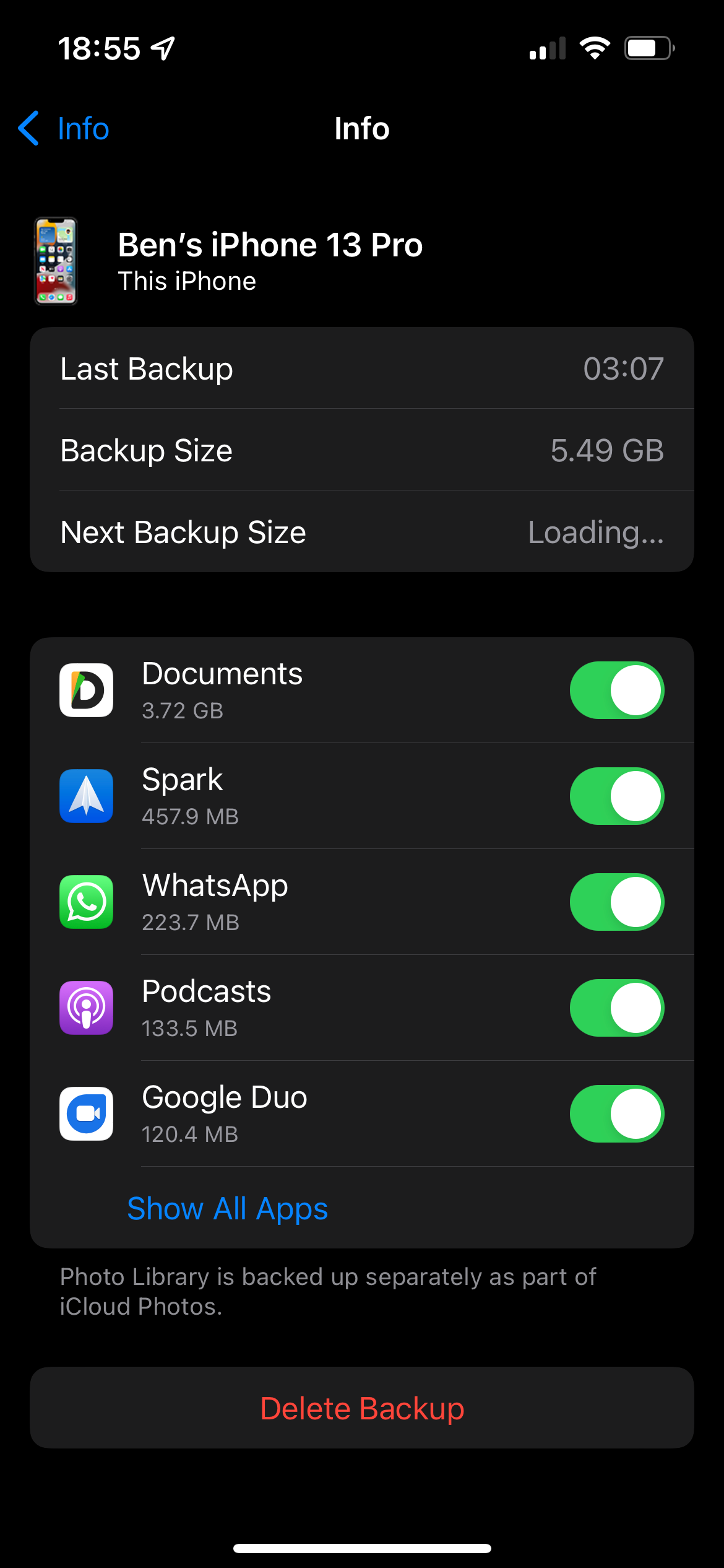 Настройки приложений в резервной копии iCloud