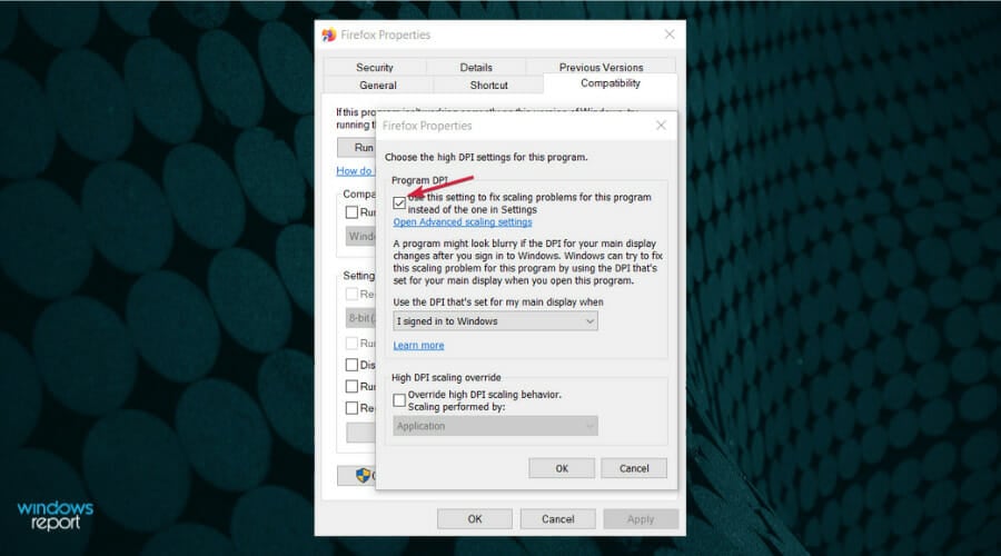 Кнопка «Изменить параметры высоких DPI» во вкладке «Совместимость»