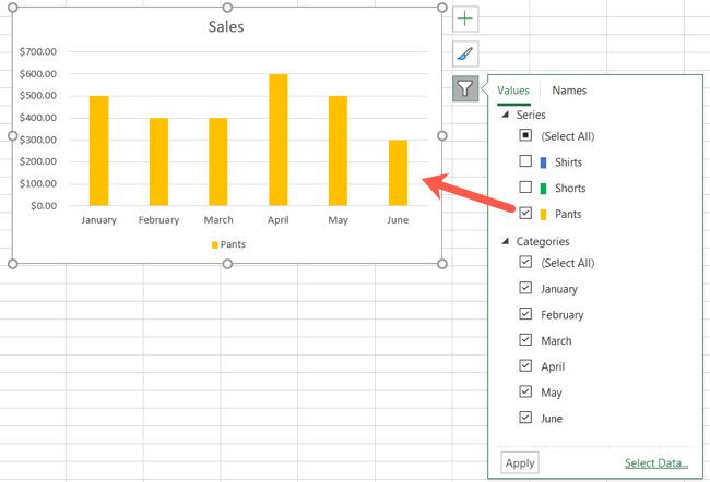 Фильтрованная диаграмма в Excel на Windows