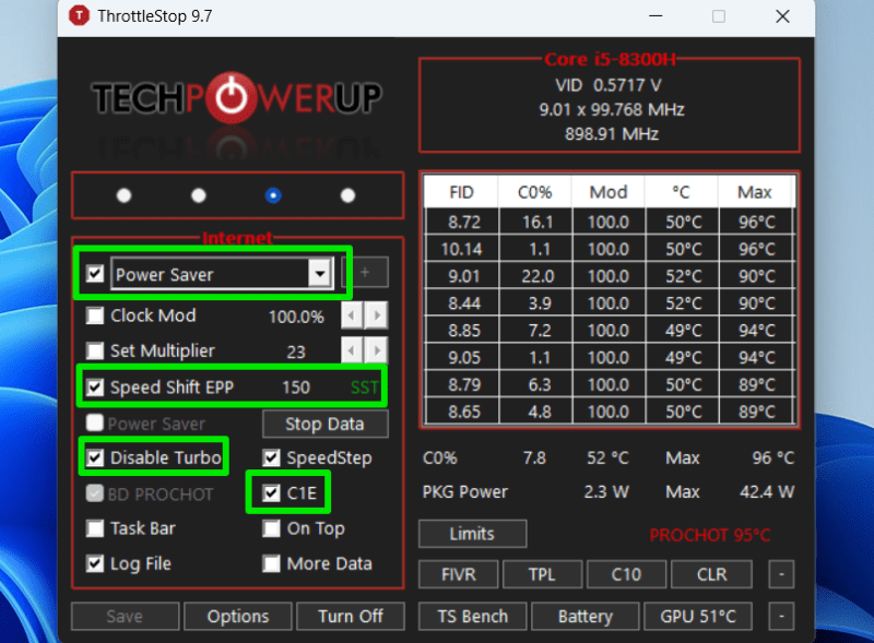 Профиль экономии батареи в Throttlestop