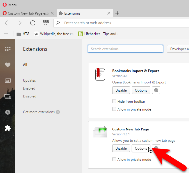 Параметры Custom New Tab Page в Opera