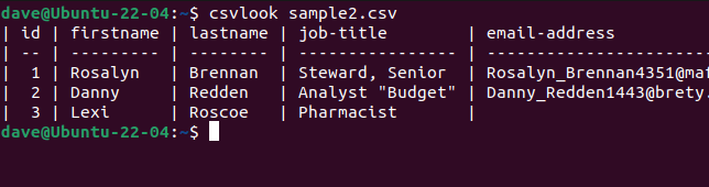 csvlook корректно парсит проблемный CSV и отображает таблицу