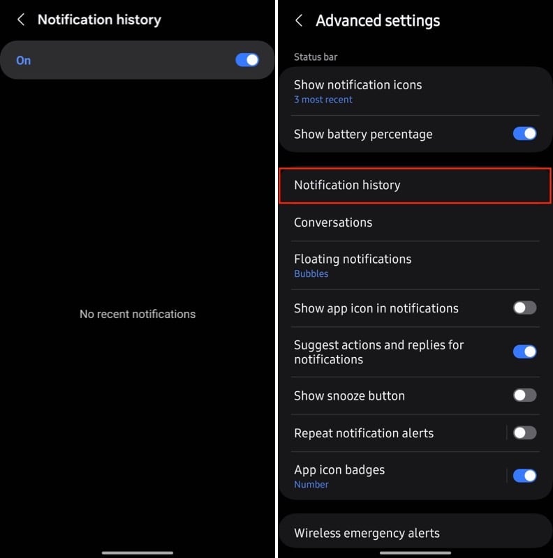 Включение истории уведомлений на телефоне Samsung