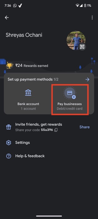Pantalla de Tap to Pay en Google Pay mostrando la opción para pagos sin contacto