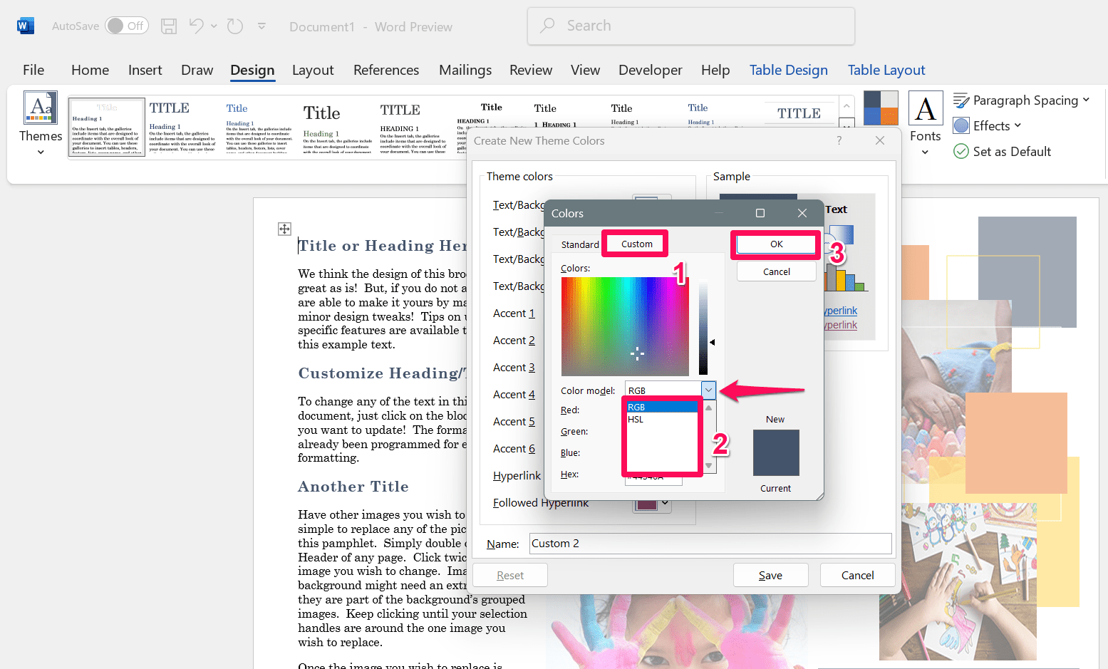 Выберите вкладку Настроить и укажите значения цвета