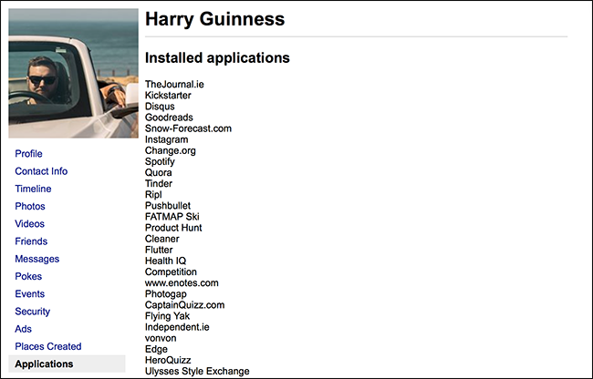Список приложений, которые вы авторизовали и создавали через Facebook