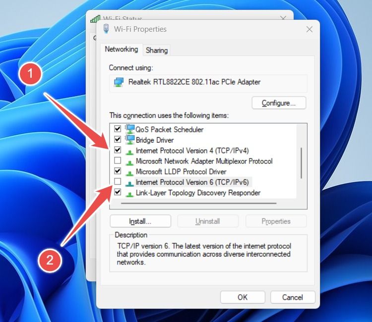 Окно свойств Wi‑Fi с опциями IPv4 и IPv6.