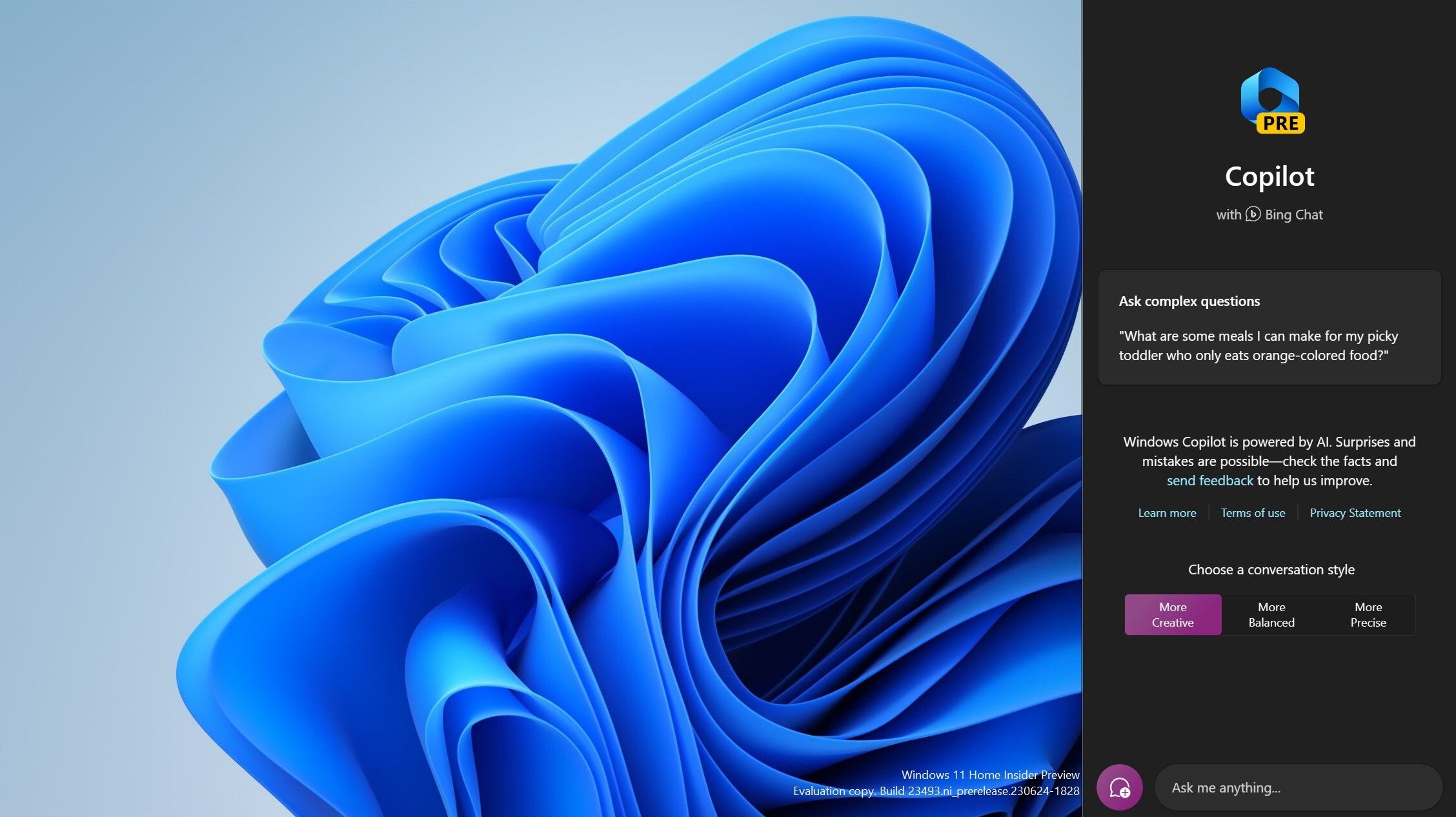 Скриншот окна Windows Copilot справа экрана