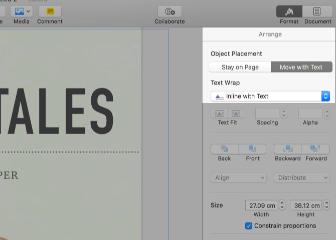 Параметры обтекания текста и размещения объектов в Pages — Inline with Text