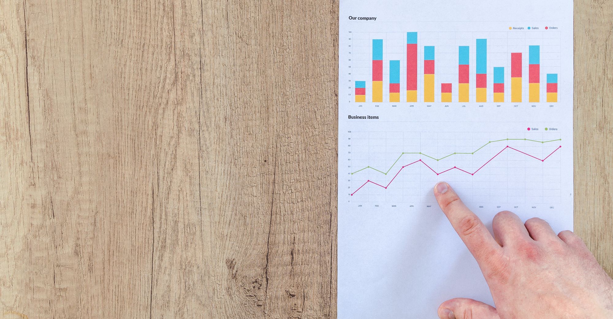 person pointing at company report on paper