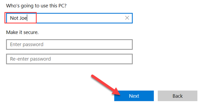 Введите имя, пропустите пароли и нажмите 
