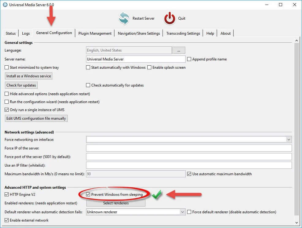 Настройки Universal Media Server: предотвращение сна Windows