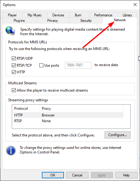Вкладка Сеть в Windows Media Player