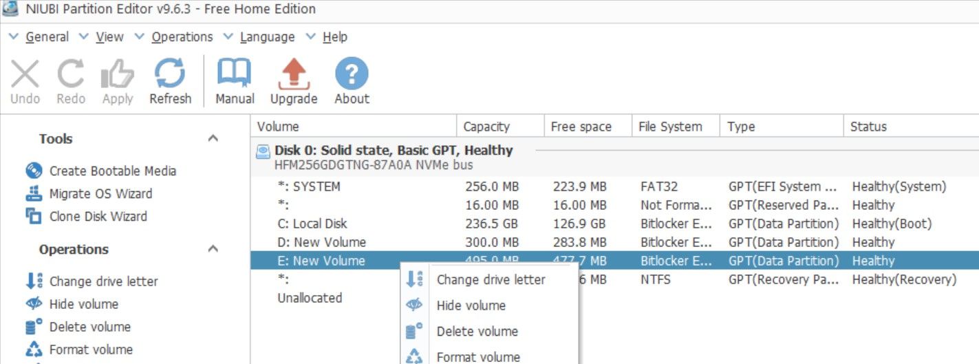 Удаление тома E в NIUBI Partition Editor